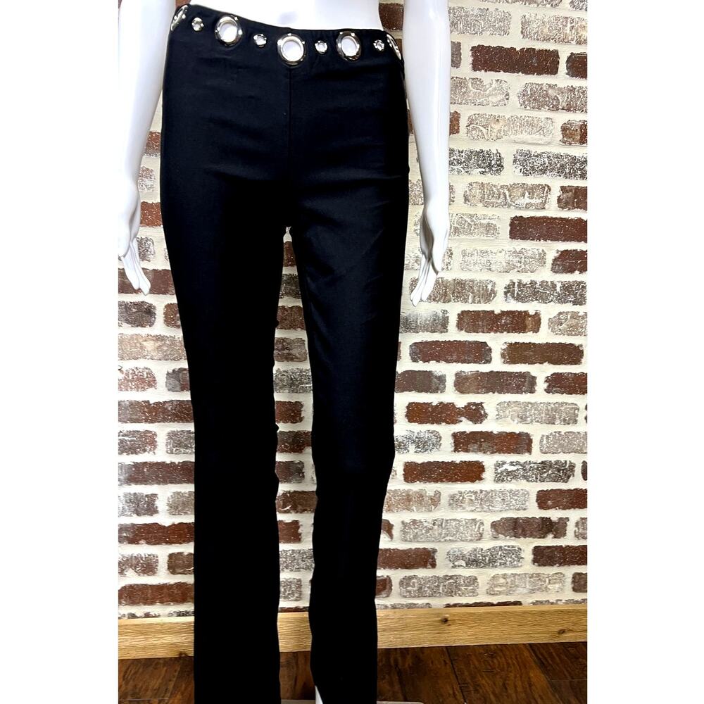 Princess Polly True Grit Mid Rise Eyelet Flare Pant Invisible Side Zip Women's 2